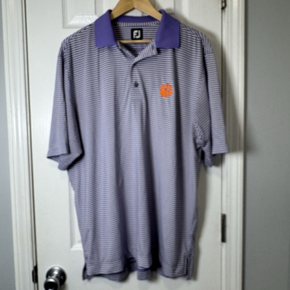 FootJoy FJ Polo Shirt Mens Large Clemson Tigers Purple White Stripe Performance‎